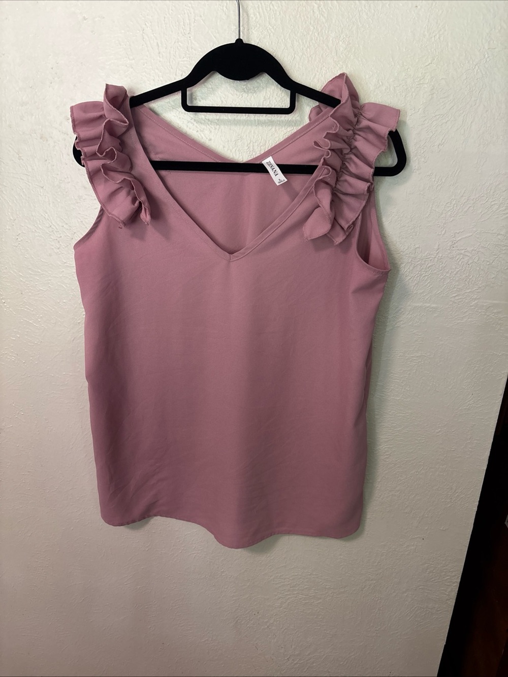 Zenana Outfitters Ruffle Shoulder V-Neck Cami - Mauve Pink